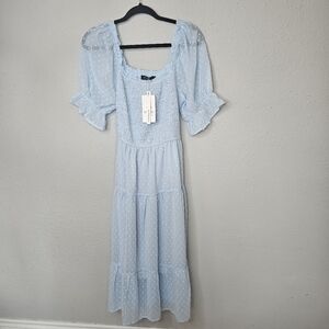 Merokeety Dress Sz L Puff Sleeve Soft Girl Flowy Midi Feminine‎ Pastel Blue NEW